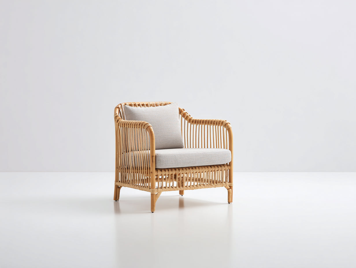 Poltrona da giardino - rattan-tessuto - 76x72x78 cm - beige naturale-grigio chiaro - boho