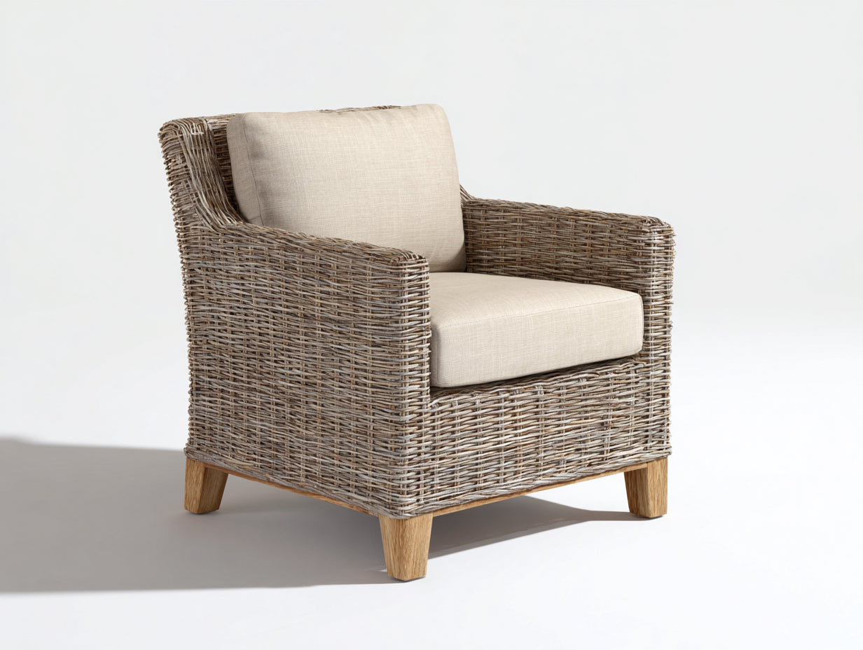 Poltrona da giardino - rattan-tessuto-legno - 82x79x85 cm - grigio naturale-beige lino - rustico contemporaneo