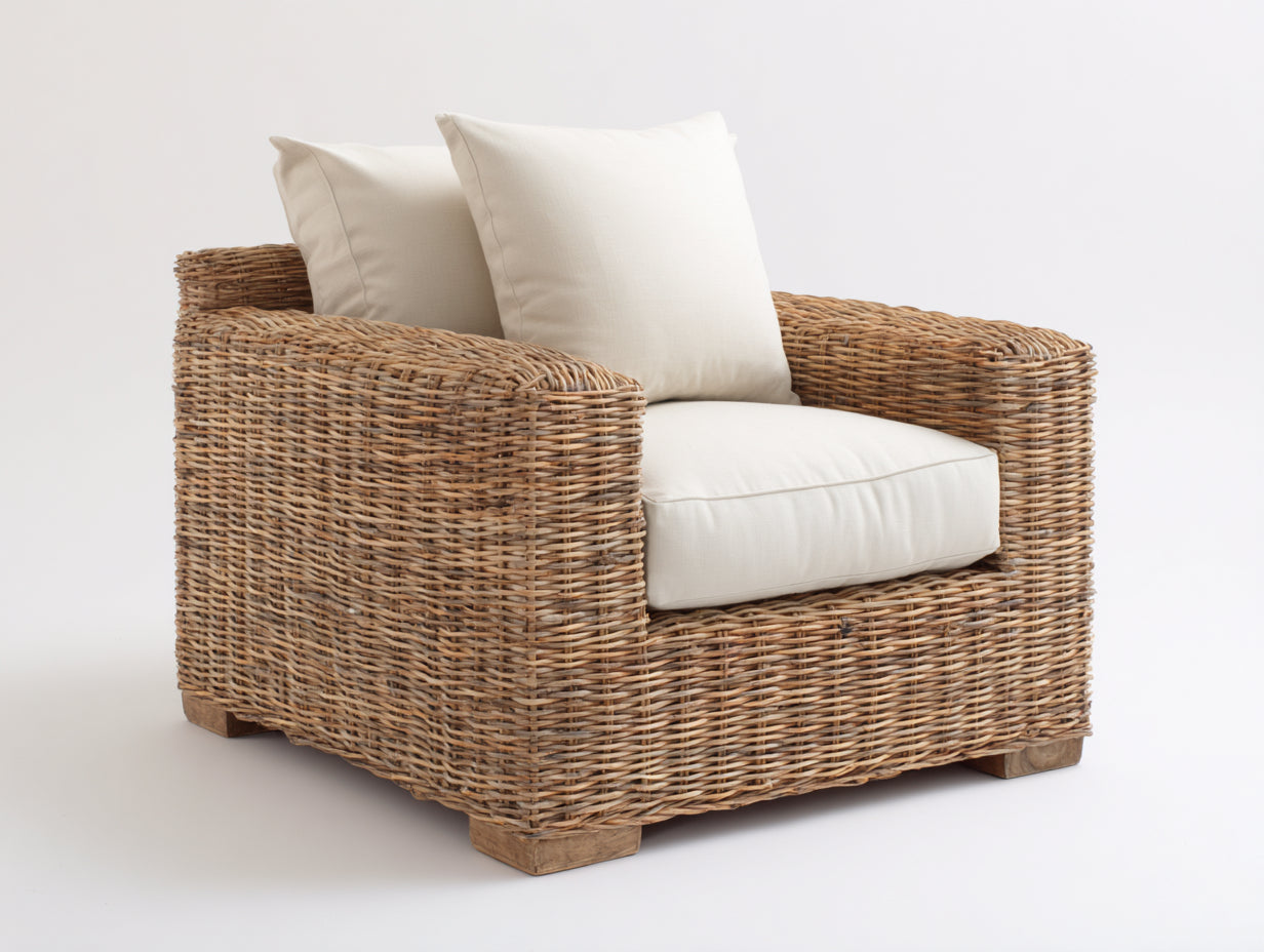 Poltrona da giardino - rattan-tessuto-legno - 90x85x83 cm - naturale chiaro-crema - mediterraneo