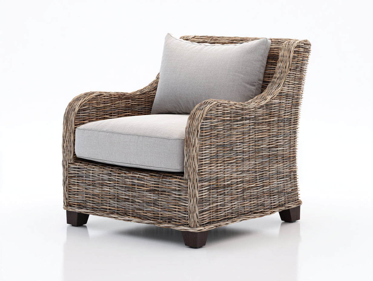 Poltrona da giardino - rattan-tessuto-legno - 88x82x82 cm - naturale-grigio chiaro-marrone scuro - classico
