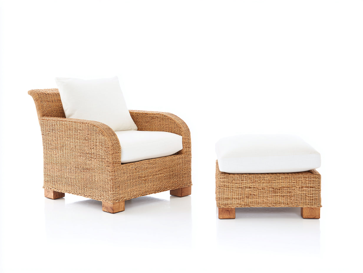 Poltrona da giardino - Rattan-legno-tessuto - 86x82x88 cm - Naturale-Bianco - Stile coastal
