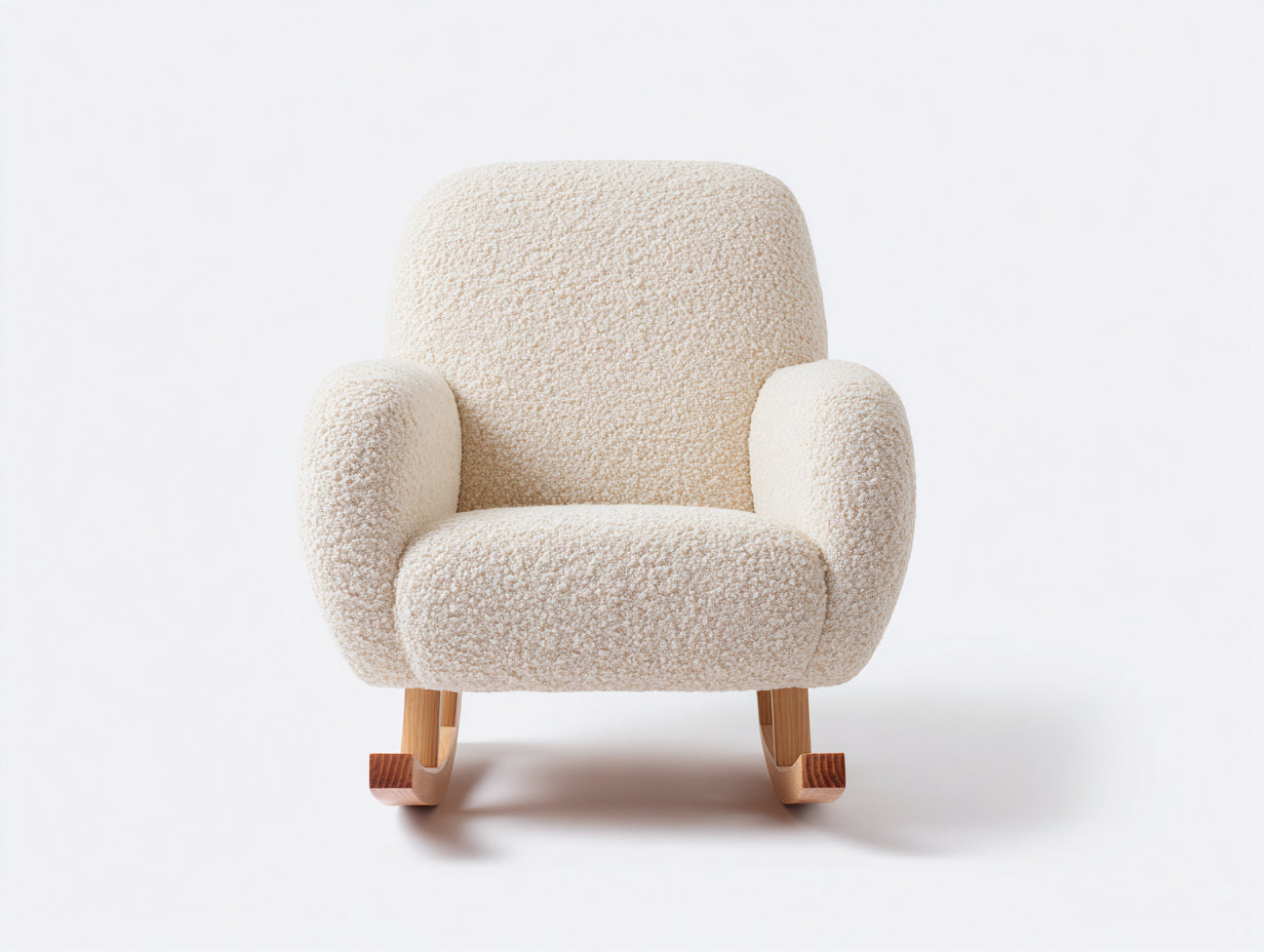 Sedia a dondolo - Bouclé-Legno - 82x91x88 cm - Crema-Legno naturale - Moderno