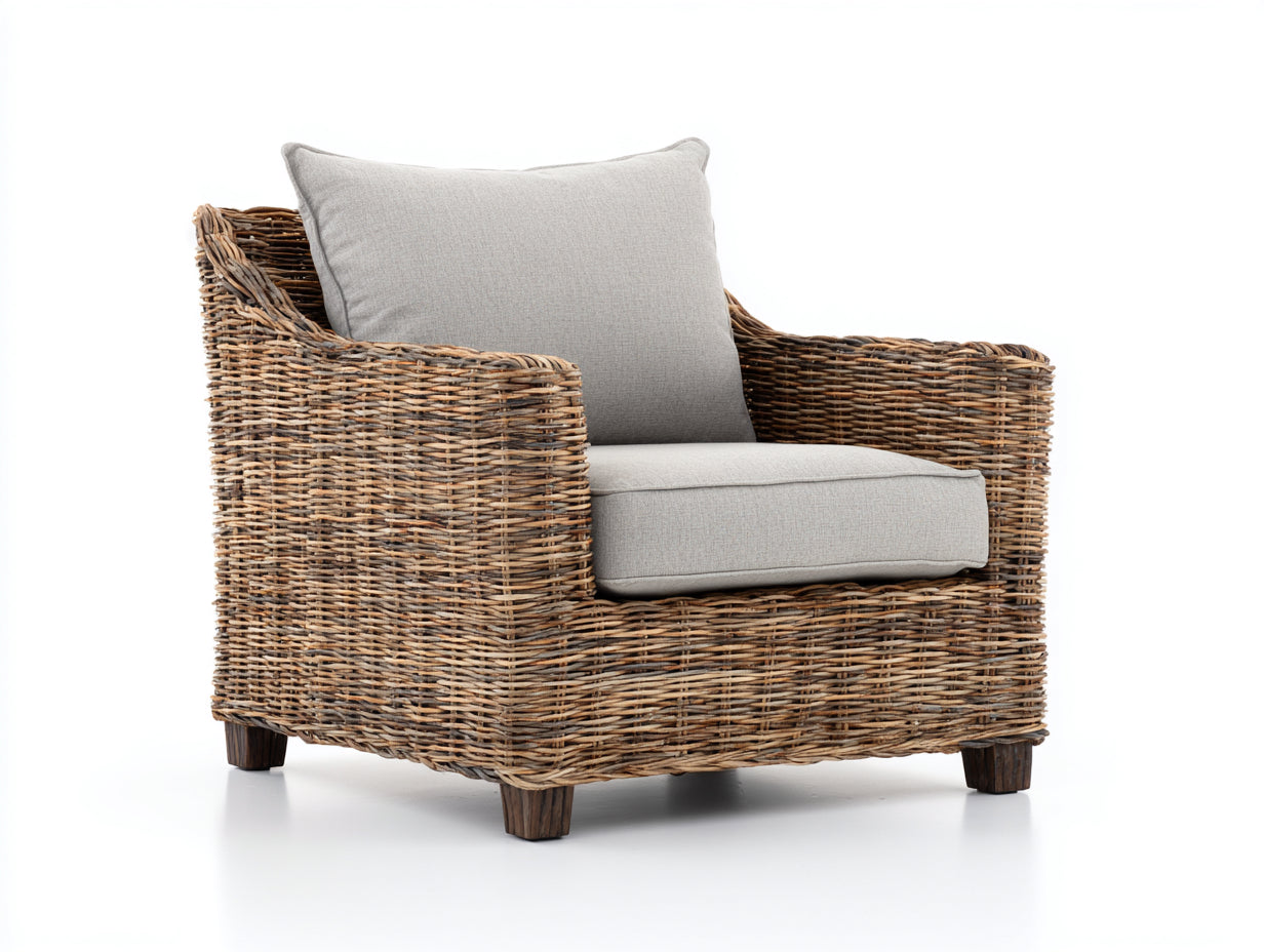Poltrona da giardino - rattan-tessuto-legno - 89x84x86 cm - marrone naturale-grigio chiaro-marrone scuro - rustico elegante
