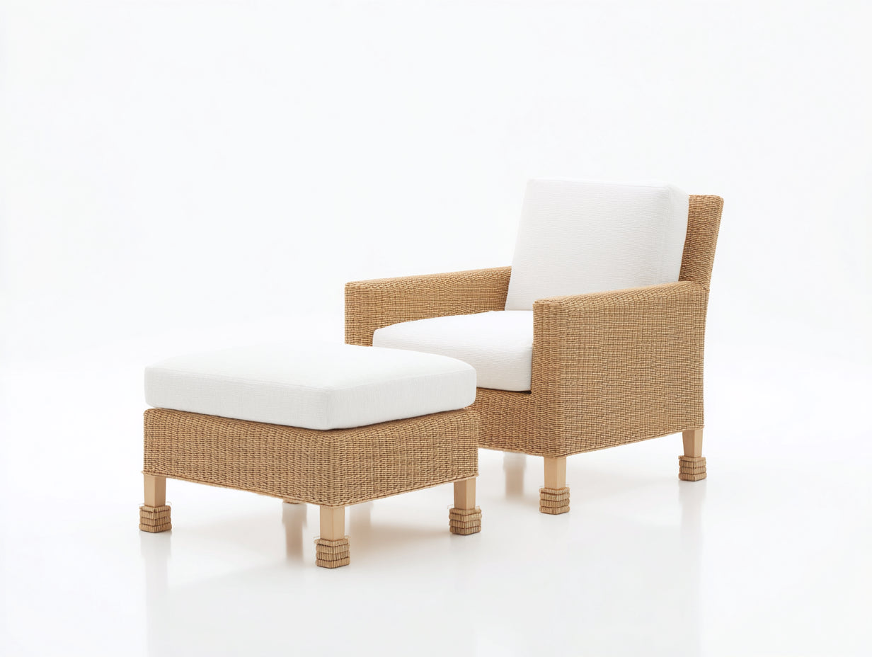 Poltrona da giardino - Rattan-legno-tessuto - 88x84x92 cm - Naturale-Bianco - Stile contemporaneo