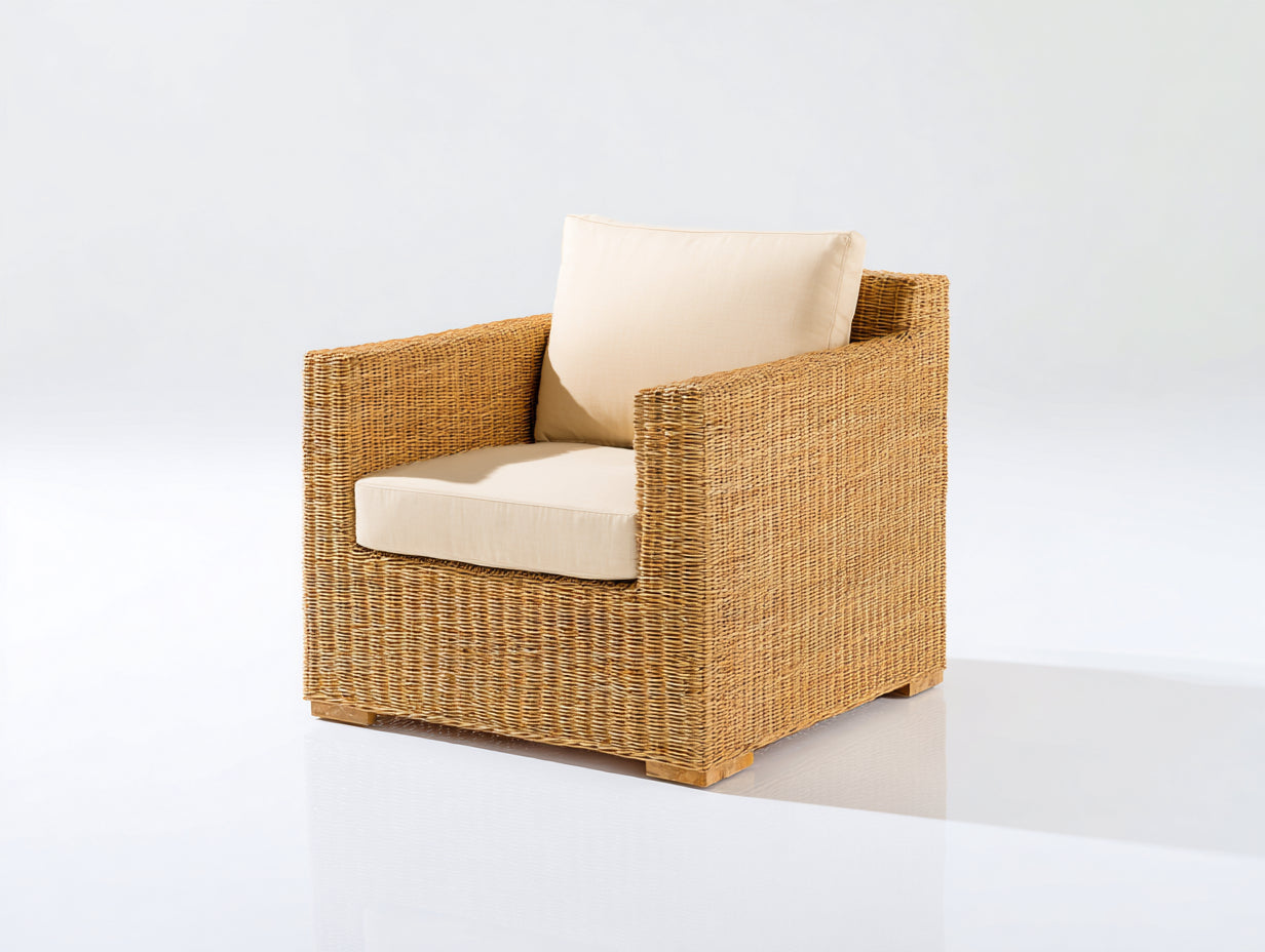 Poltrona da giardino - rattan-tessuto-legno - 86x83x80 cm - miele dorato-crema - stile moderno naturale