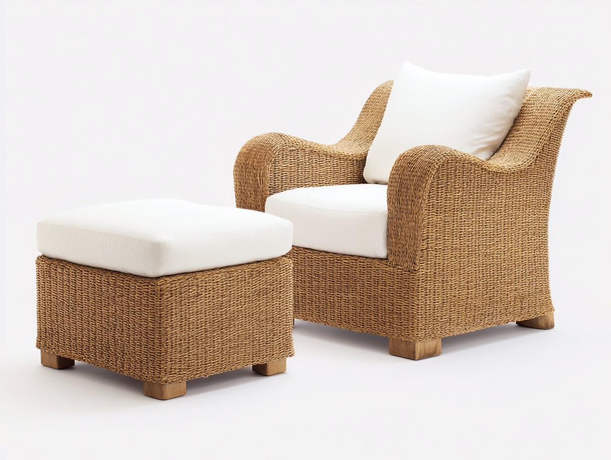 Poltrona da giardino - Rattan-legno-tessuto - 92x88x90 cm - Naturale-Bianco - Stile rustico contemporaneo