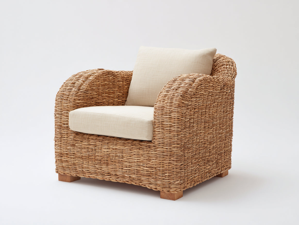 Poltrona da giardino - rattan-tessuto-legno - 88x84x86 cm - naturale chiaro-beige chiaro - mediterraneo