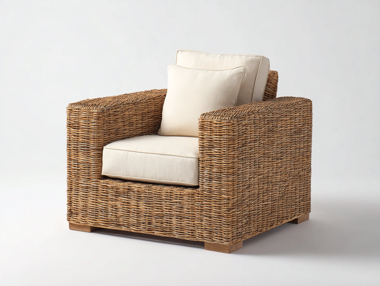 Poltrona da giardino - rattan-tessuto-legno - 92x88x84 cm - marrone naturale-crema - stile contemporaneo raffinato