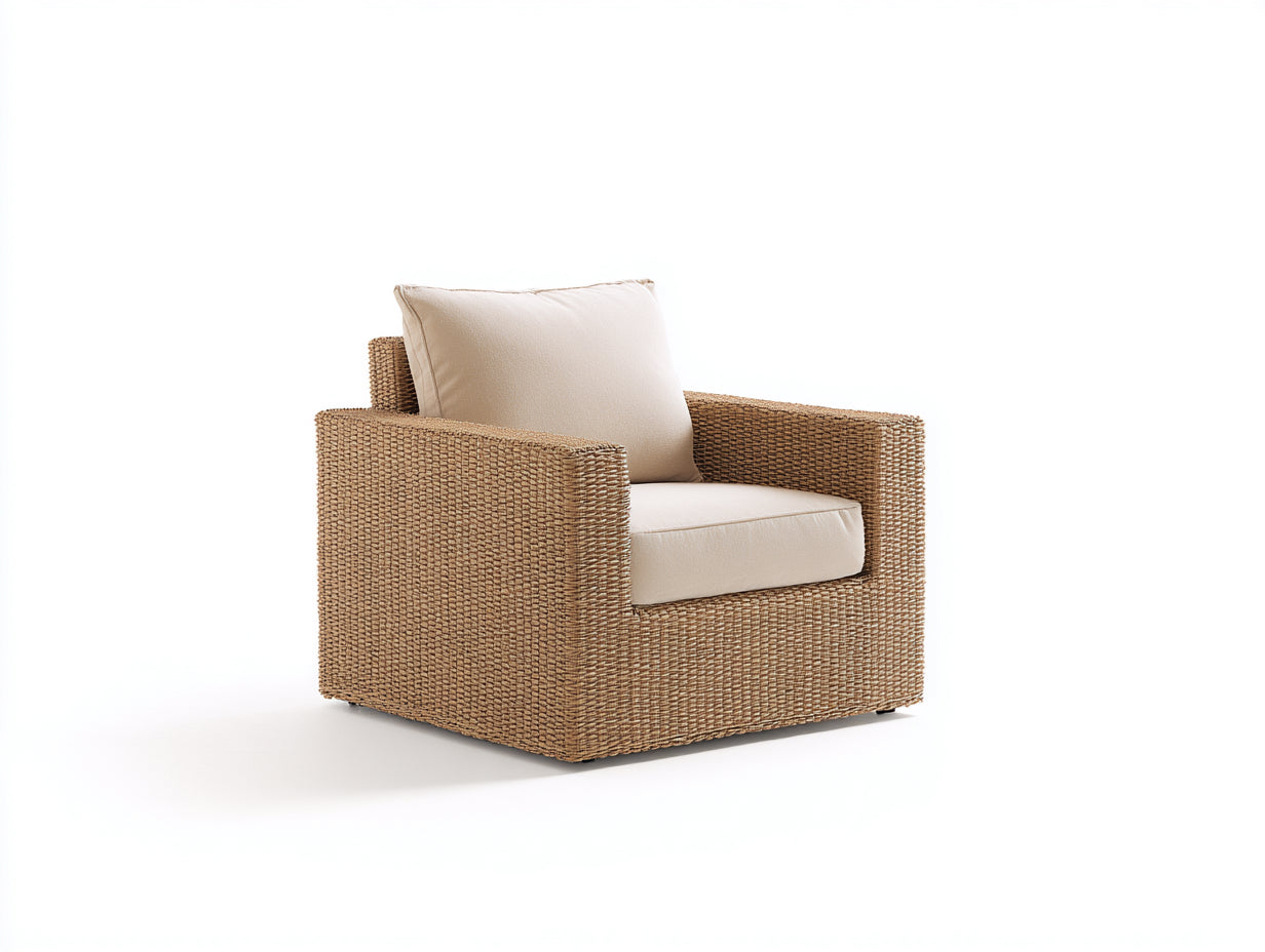 Poltrona da giardino - rattan-tessuto - 84x82x78 cm - naturale chiaro-avorio - stile costiero moderno