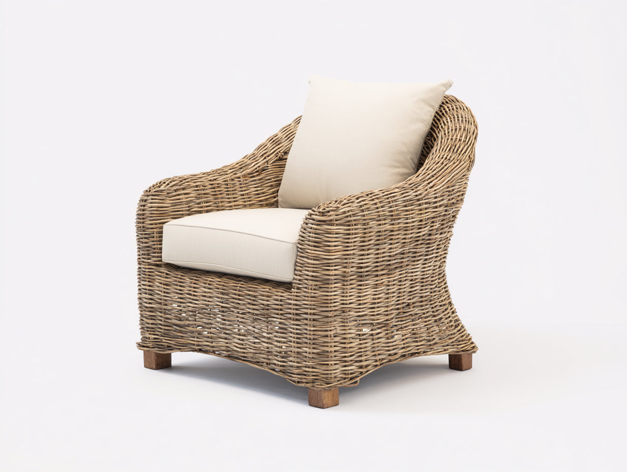 Poltrona da giardino - rattan-tessuto-legno - 86x82x88 cm - naturale grigiato-avorio - rustico elegante