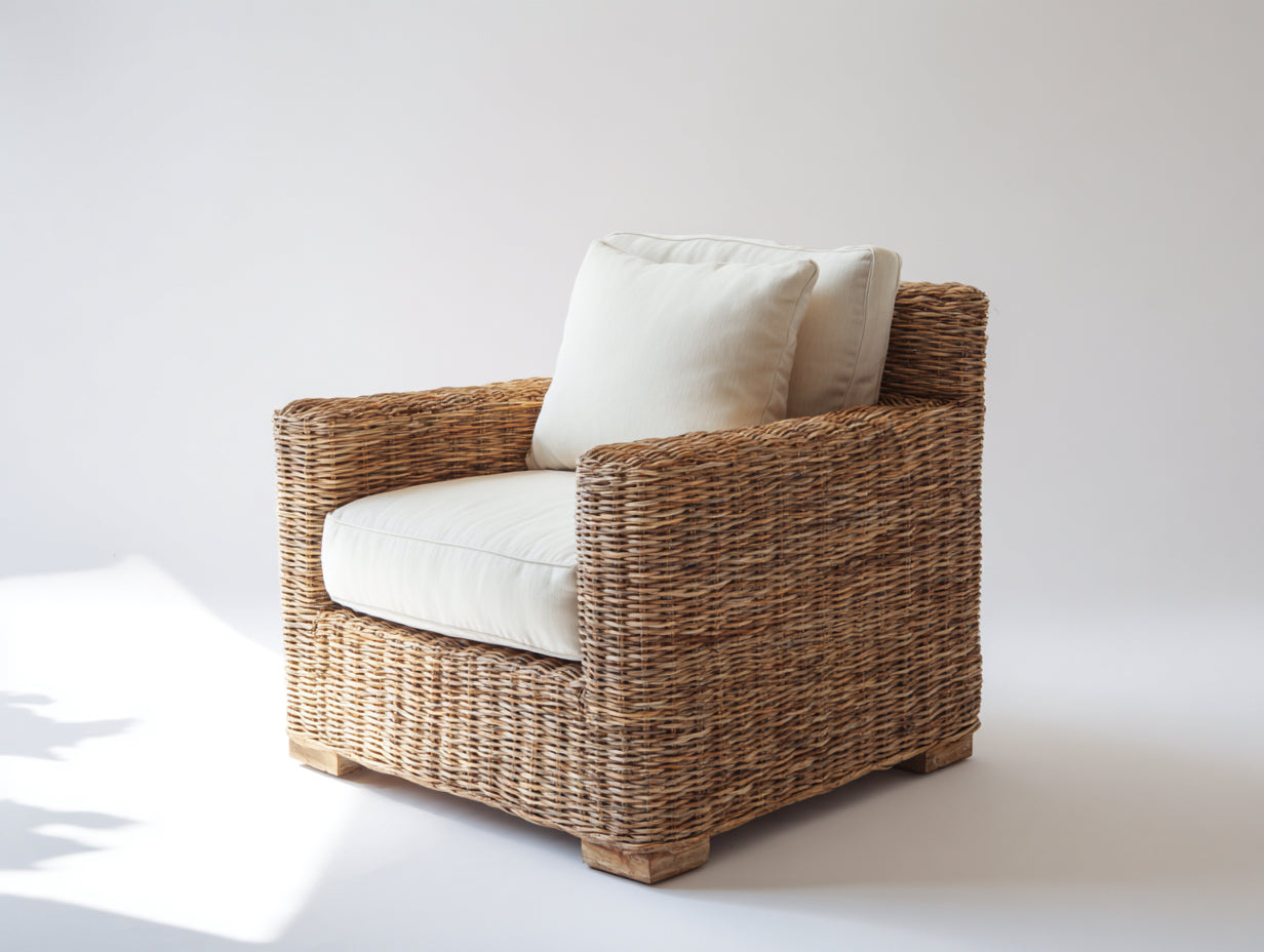 Poltrona da giardino - rattan-tessuto - 91x87x83 cm - naturale caldo-avorio - coastal
