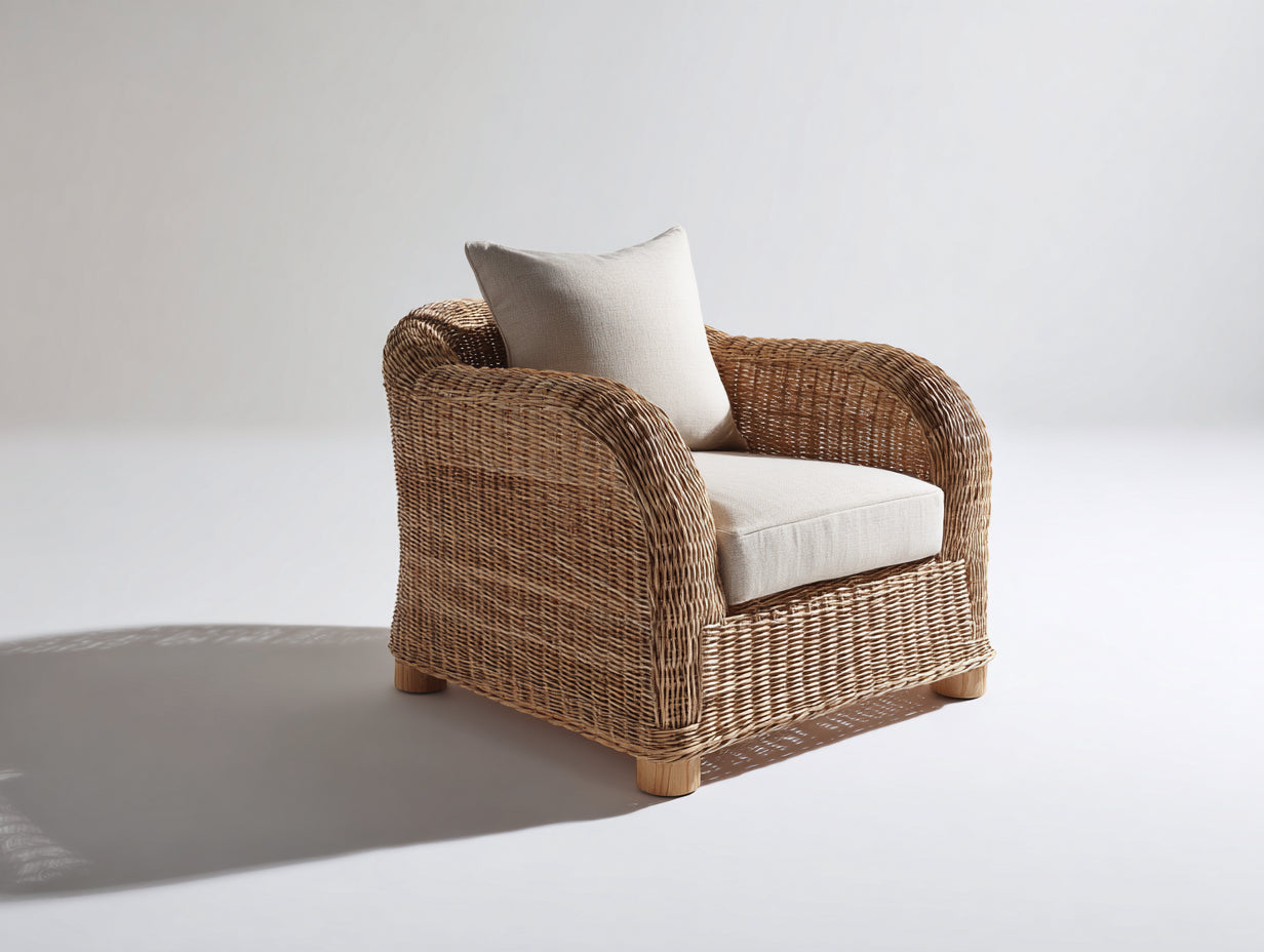 Poltrona da giardino - rattan-tessuto-legno - 84x81x82 cm - marrone naturale-avorio - mediterraneo contemporaneo
